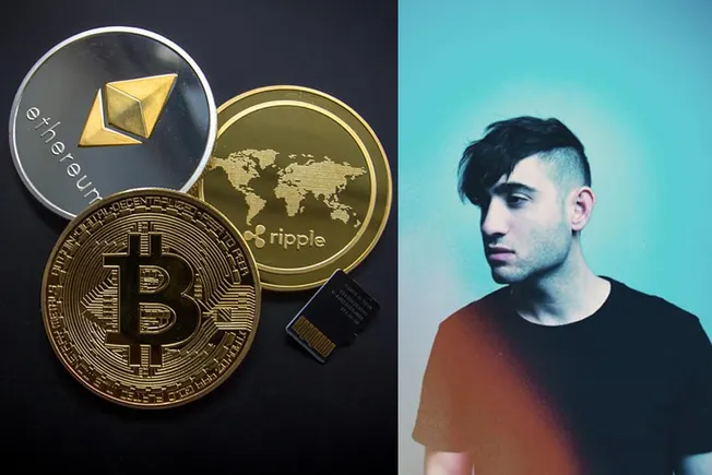 Cryptocurrency coins including Bitcoin, Ethereum, Ripple, and a digital wallet on black background.