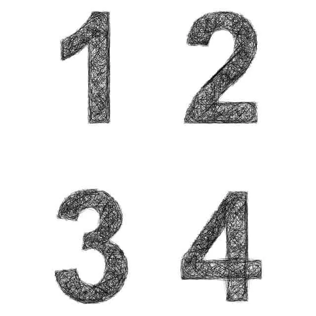 Numbers 1 through 4 drawn with a textured, sketchy style on a white background.