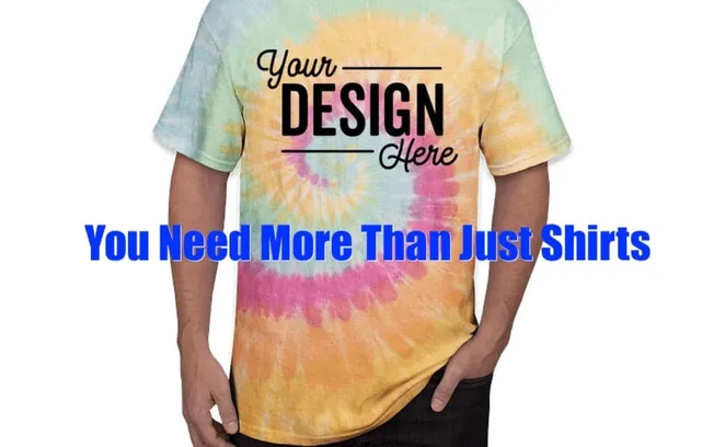 Tie-dye graphic T-shirt with customizable design, promoting merchandise for artists and entrepreneurs, ideal for custom appar