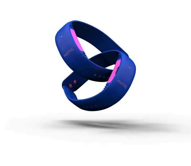 Blue fitness tracker bands with pink accents, branded MIATIC, modern wearable health and fitness technology, sleek design for