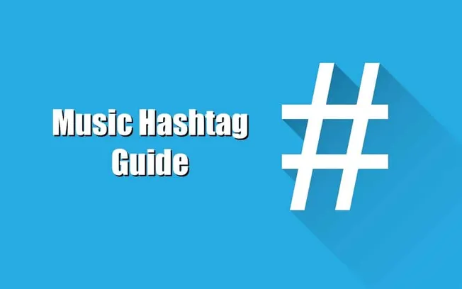 Hashtag music guide concept on blue background with hashtag symbol and text for social media marketing strategies.