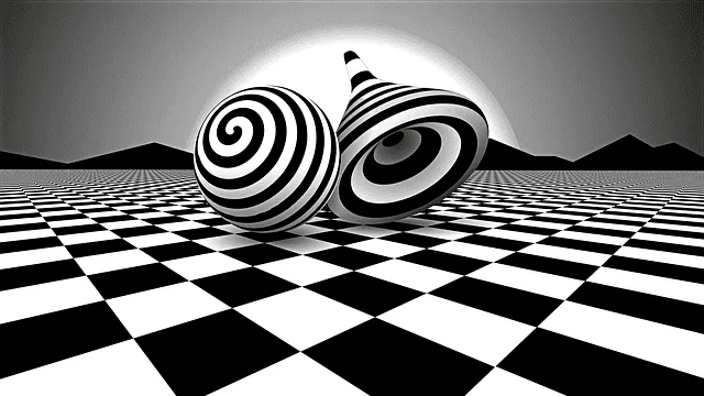 Colorful optical illusions with spirals and cones on a checkered floor, emphasizing visual perception and mind-bending art.