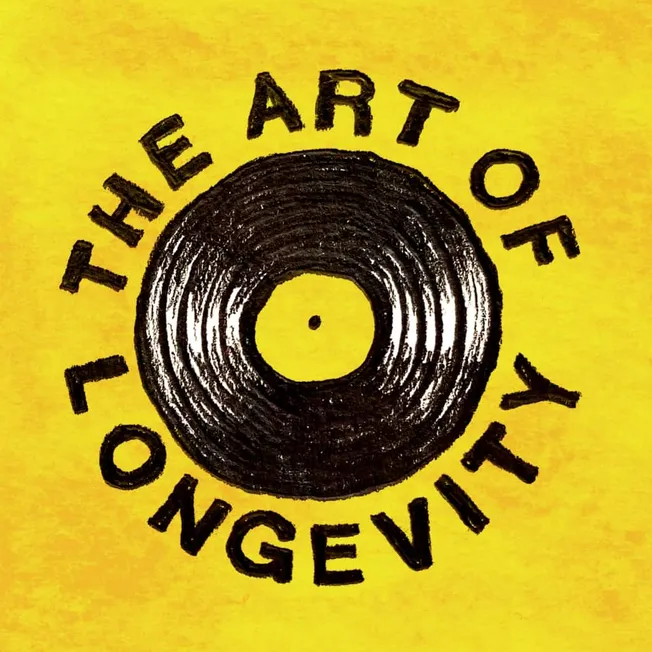 Vintage vinyl record with hand-drawn text "The Art of Tongue" on bright yellow background for music and art blog.