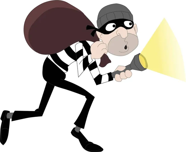 Alarmed thief character searching for hidden valuables with flashlight in a cartoon style illustration.