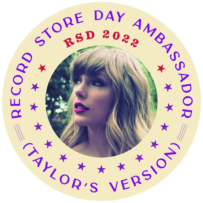 Record store day ambassadordrsd 2022 Taylor's version circular badge with a woman’s portrait, vibrant colors, music event, co
