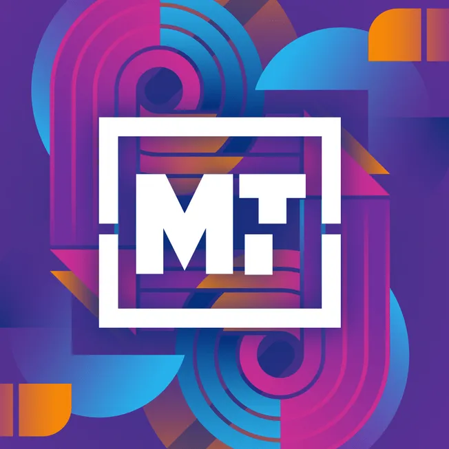 Vibrant geometric abstract background with bold "Hypebot" logo, emphasizing digital music industry, technology trends, and in