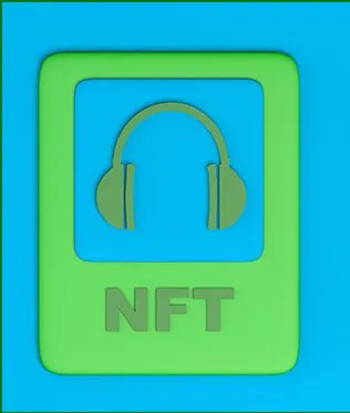 Headphones icon with NFT text, representing digital music or multimedia NFTs, on a vibrant blue and green background.