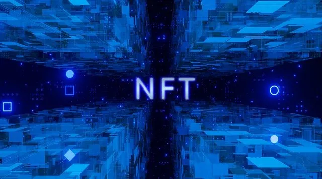 NFT digital art concept with futuristic digital grid and glowing blue elements, representing the booming blockchain and crypt