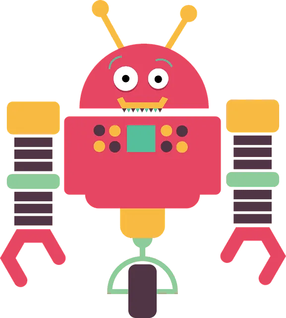 Robotic cartoon character with colorful parts, friendly face, and playful design, representing robotics, AI, and technology i
