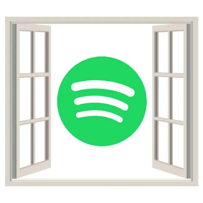 Spotify logo seen through an open window, digital marketing, music streaming platform, media technology, online music service