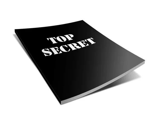 Secret document cover with "Top Secret" label and black background, representing confidential information or classified data.