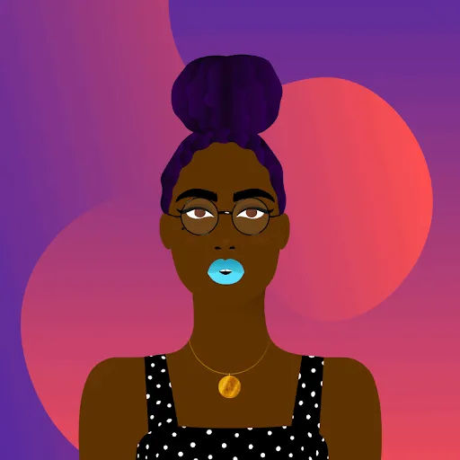 Bold woman with purple hair bun, wearing glasses and polka dot dress, against vibrant purple and pink background, emphasizing