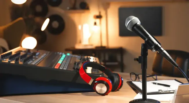 Studio recording setup with a microphone, mixing console, and headphones in a cozy music production environment.