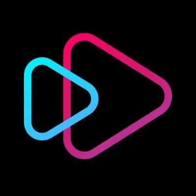 Play icon logo with neon pink and blue outlines representing music streaming or digital media.