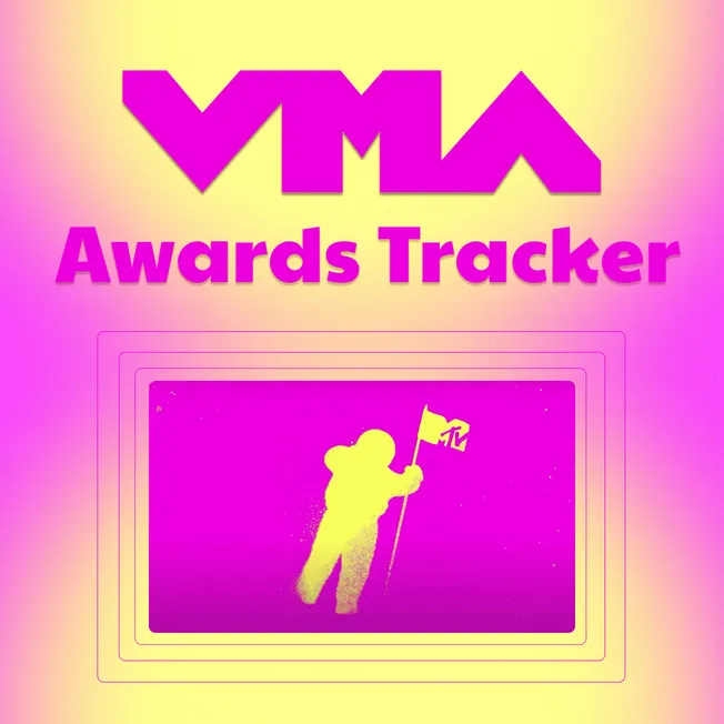 VMA Awards Tracker digital graphic with bright pink and yellow color scheme, featuring MTV logo and a stylized astronaut hold