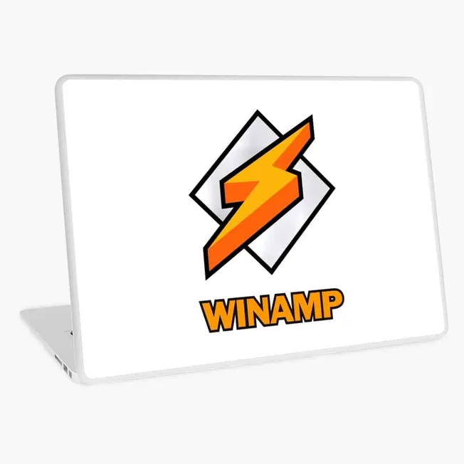 Lightning bolt logo with "WINAMP" text on a laptop skin, representing music player branding and digital media software.