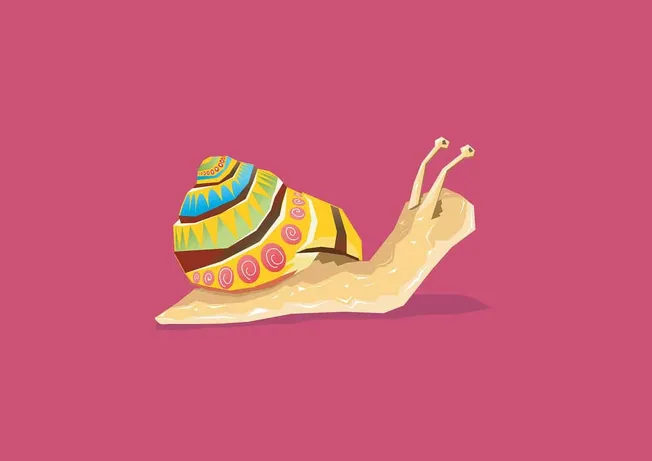 Colorful snail with a decorated shell on a pink background, digital illustration.