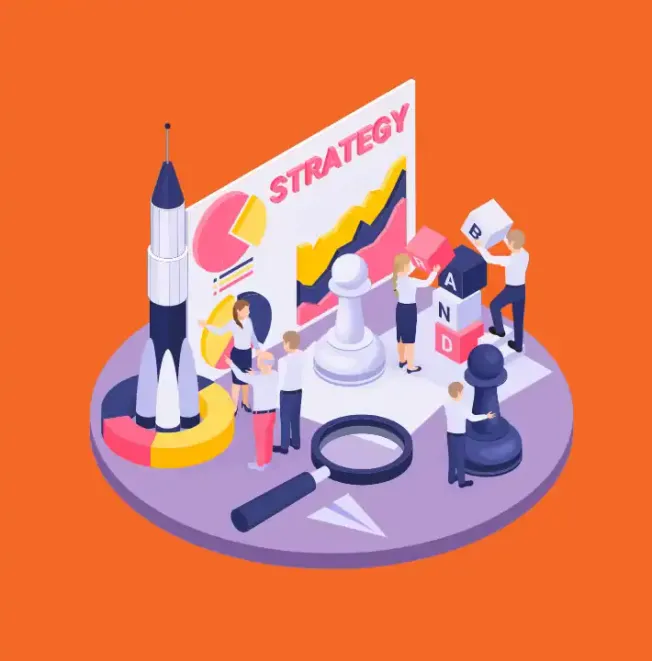 Efficient marketing strategy development with team collaboration, data analysis, and growth planning, represented by colorful