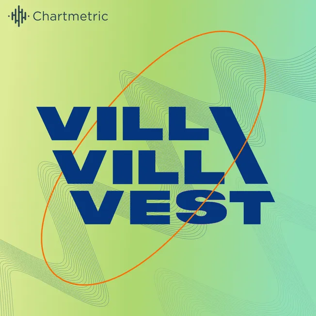 VillVILL VEST logo on vibrant green background with abstract lines, modern digital branding for music, tech, or creative indu
