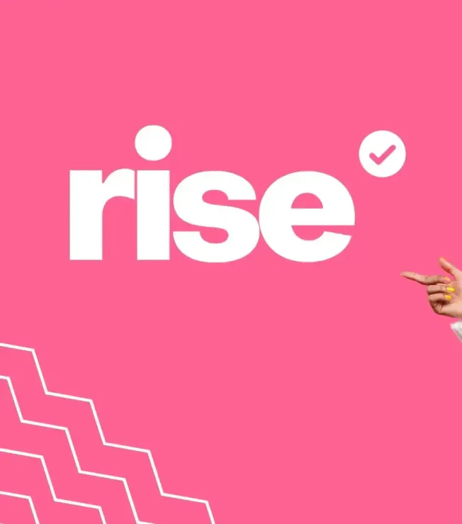 Rise symbol with checkmark against pink background, representing growth and success in the music industry.