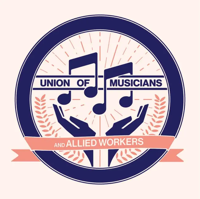 Union of musicians and allied workers emblem featuring musical notes, hands, and laurel wreaths, symbolizing solidarity and s
