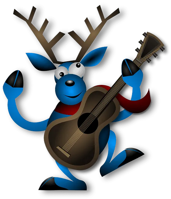 Reindeer cartoon with a guitar, festive holiday mascot, Christmas character, cheerful holiday decor, playful illustration for