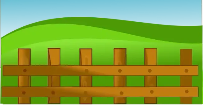 Fenced wooden gate on grassy hill with blue sky, cartoon style, outdoor scene, rural landscape, countryside.