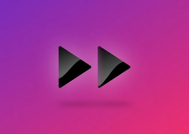 Play button icon on vibrant pink and purple background, symbolizing digital media, music streaming, or online content, associ
