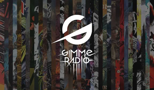 Gimme Radio logo overlay on a collage of diverse superhero and comic book art backgrounds, emphasizing music and pop culture