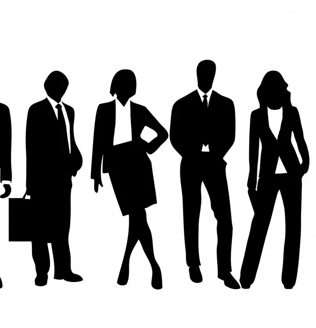 Silhouettes of diverse business professionals in formal attire, standing confidently, representing themes of networking, corp