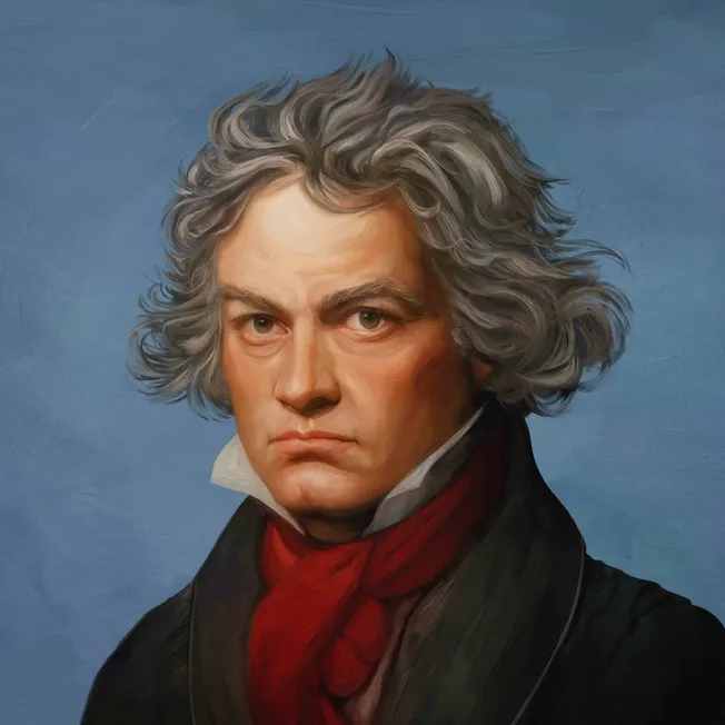 A realistic digital painting of Ludwig van Beethoven with iconic 18th-century attire and a serious expression, set against a