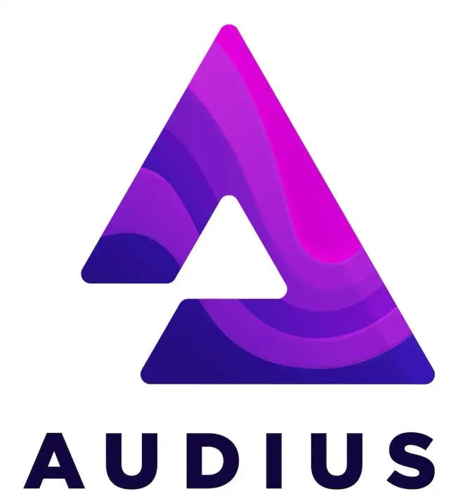 Audius music platform logo with vibrant purple and pink gradient, digital media, music streaming, blockchain technology, dece