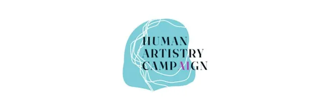 Human artistry campaign logo with abstract blue and white design emphasizing creativity and art preservation.