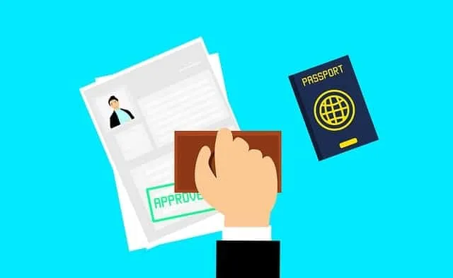 Passport with global symbol and approval stamp, travel documents, visa application process, identification verification, inte