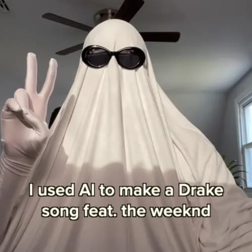 Ghost wearing sunglasses and gloves making peace sign, with text overlay about AI-generated music remix, modern tech, creativ