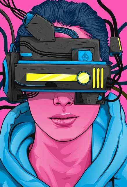 VR headset user immersed in virtual reality digital experience with futuristic technology and augmented reality interface, vi