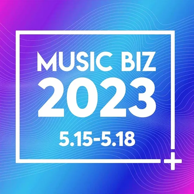 Vibrant digital graphic promoting Music Biz 2023 conference, highlighting dates May 15-18 with a colorful background, modern