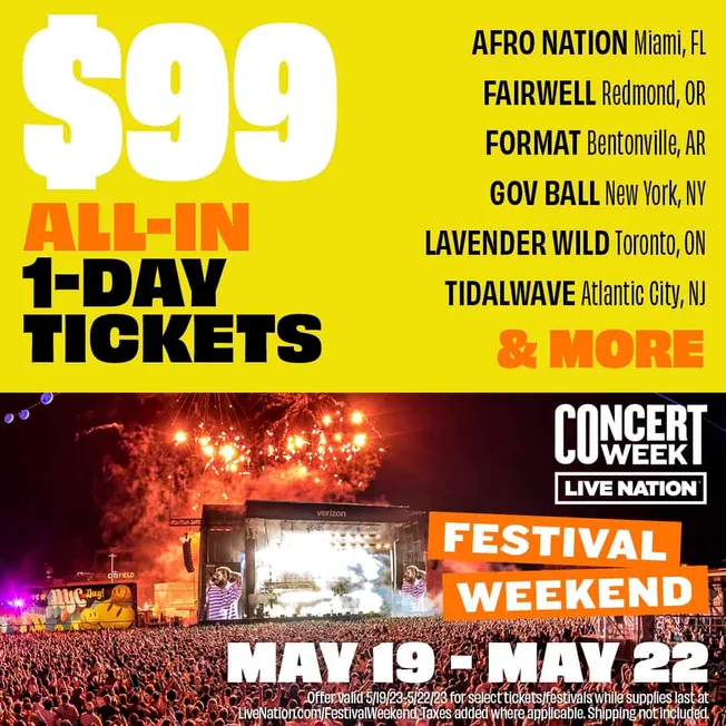 $99 all-in one day tickets for live concerts and festivals including Afro Nation, Fairwell, Format, Gov Ball, Lavender Wild,