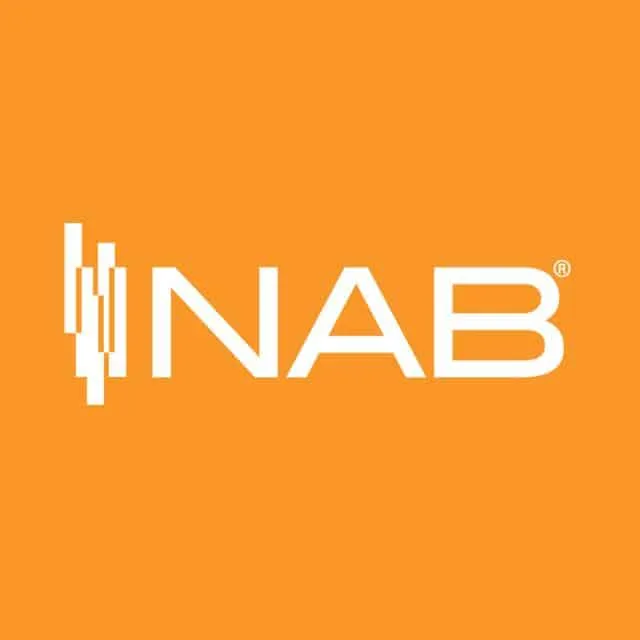 NAB logo on orange background, representing National Association of Broadcasters, related to media, music, broadcasting, and