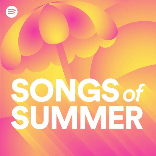 Bright summer-themed graphic featuring an abstract umbrella and sunset colors for Songs of Summer playlist promotion on Hypeb