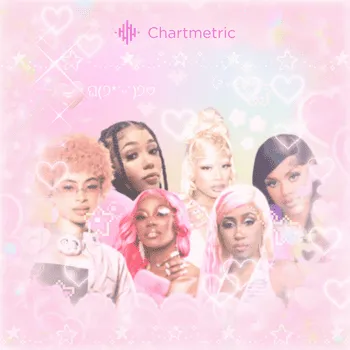 Pink pastel background featuring a diverse group of stylish young women with colorful hair and fashionable outfits, represent