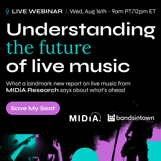 Streaming live music webinar poster, live music industry event, future of live concerts, MIDiA Research and bandsintown logos