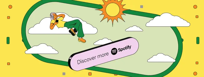 Discover music on Spotify with relaxing scene of person lounging on cloud, listening to music, bright sun, and playful clouds