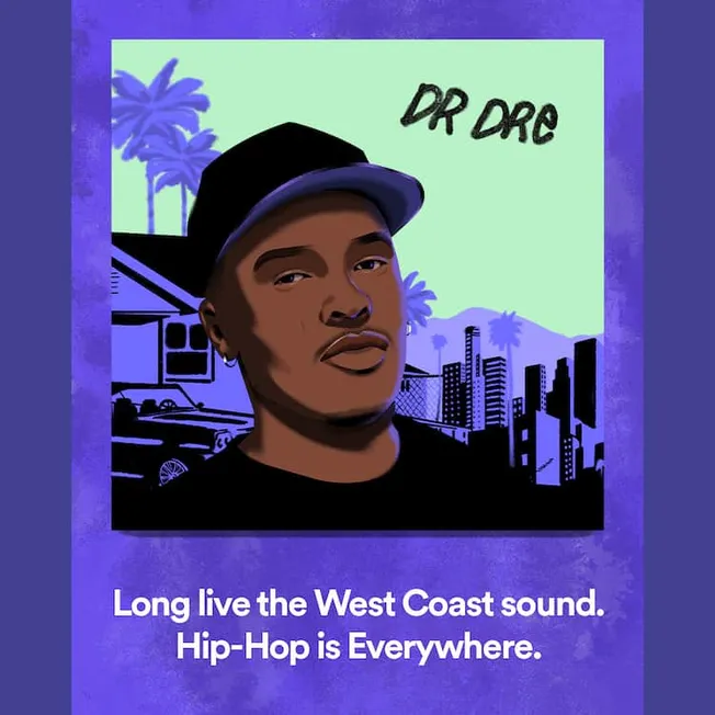 West Coast hip-hop artist portrait with urban background and palm trees, promoting hip-hop culture.