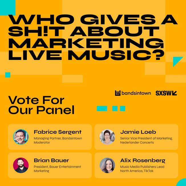 A vibrant green, orange, and yellow promotional graphic for a live music marketing panel at SXSW, featuring photos and titles