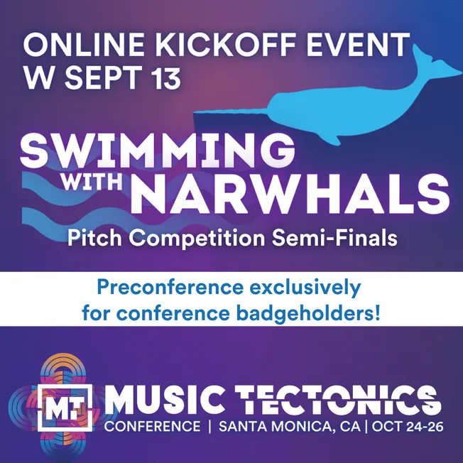 Online kickoff event for music industry professionals focusing on swimming with narwhals, pitch competition semi-finals, and
