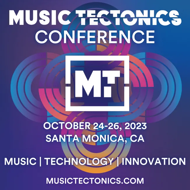 Music Techno Conference event poster with vibrant geometric soundwave graphics and bold text for SEO.