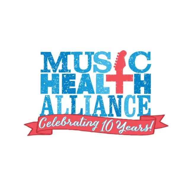 Music, health, and wellness themed graphic celebrating 10 years of the Music Health Alliance, featuring bold blue text, a red