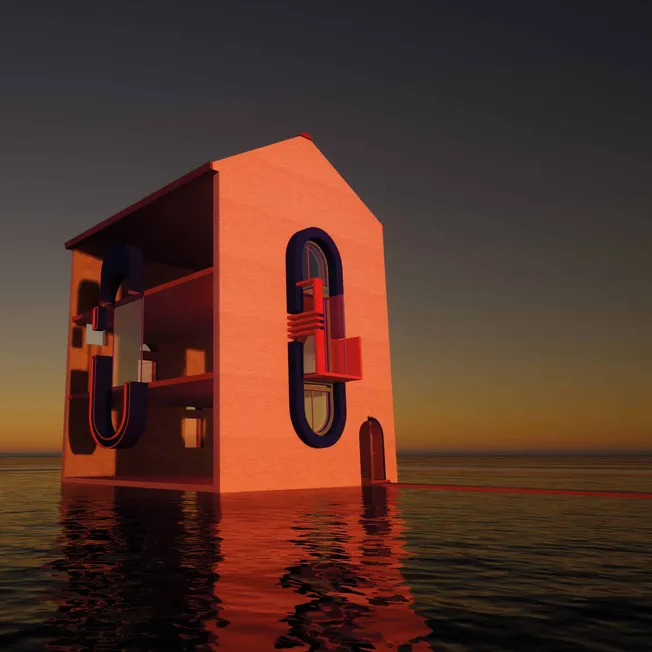 Vivid digital illustration of a modern house with creative advertising signage on water at sunset, emphasizing innovative arc