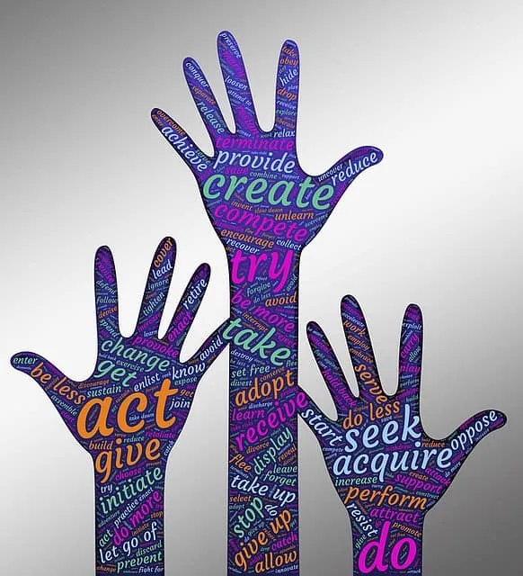 Create a vibrant word cloud art of three hands with motivational and action-oriented words in various colors, representing gr